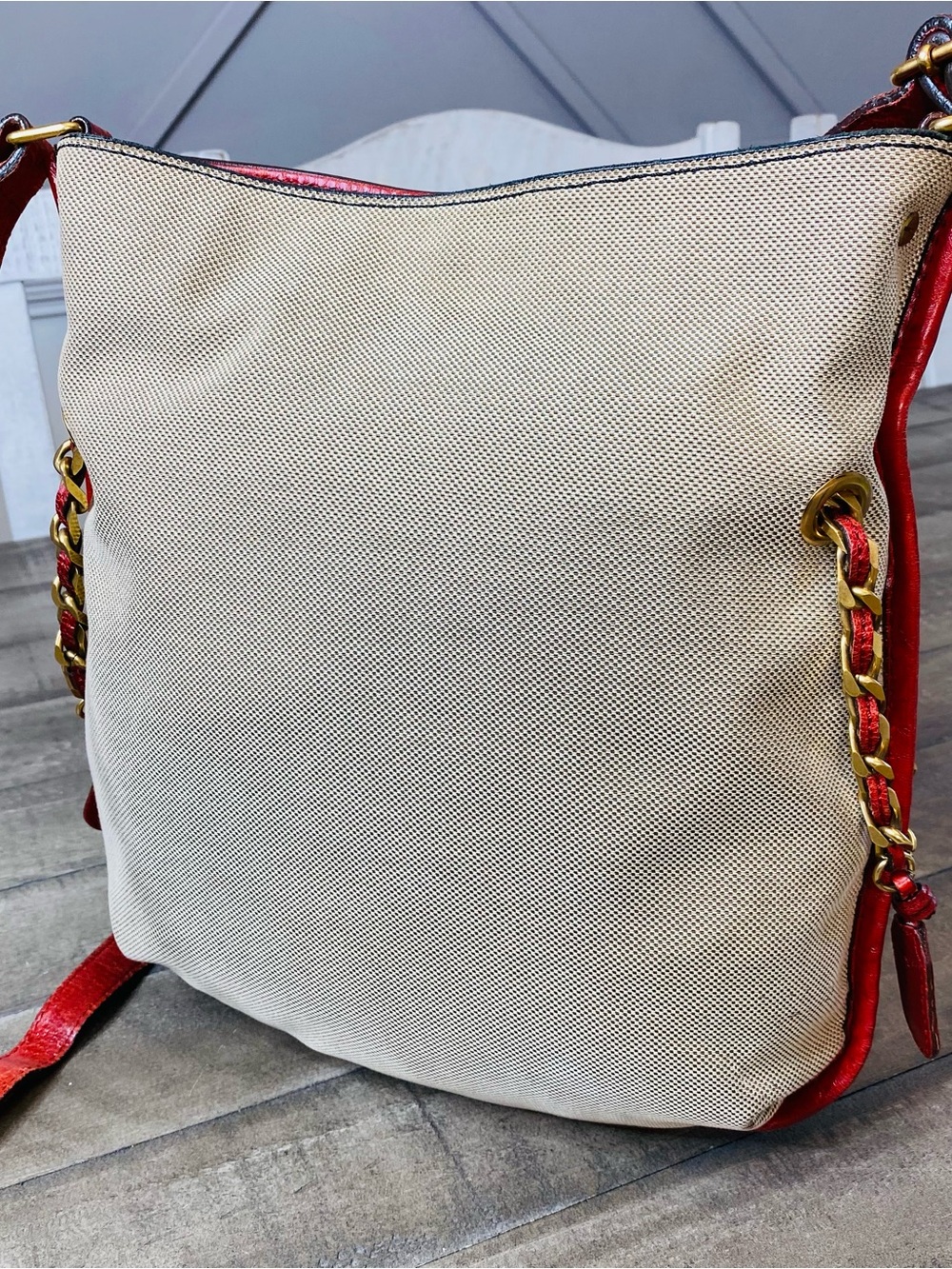 Vintage Chloé Harley Canvas Leather Crossbody Shoulder Bag Beige Red Y2K Phoebe - Picture 8 of 15